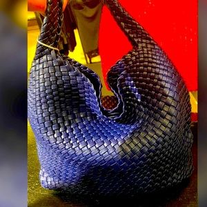 Navy intrecciato woven vegan hobo bag